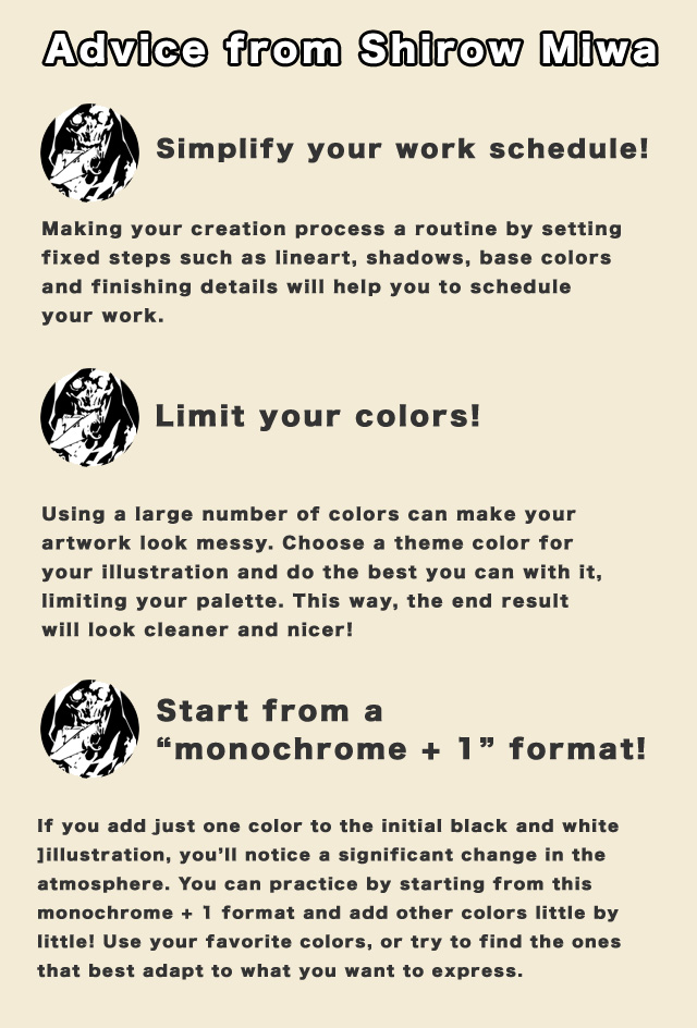 Let’s hear from Shirow Miwa! 3 rules in drawing!